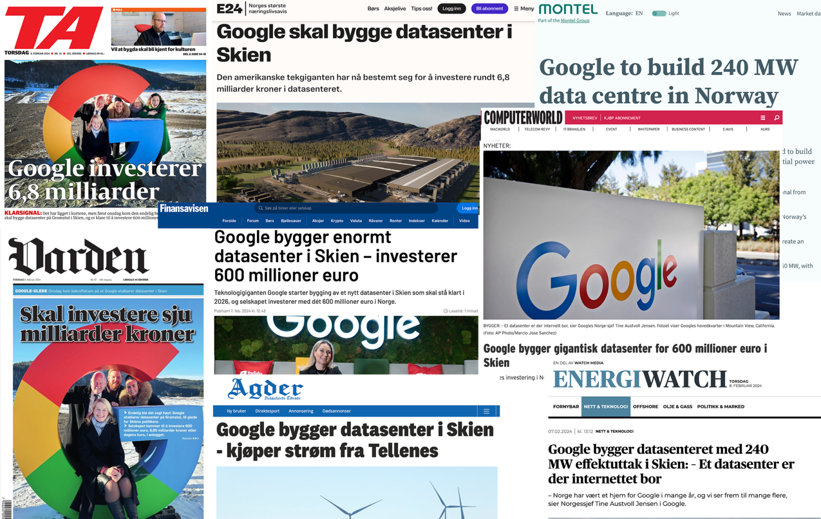 Billedkollasje vedr. Google sin etablering i Skien